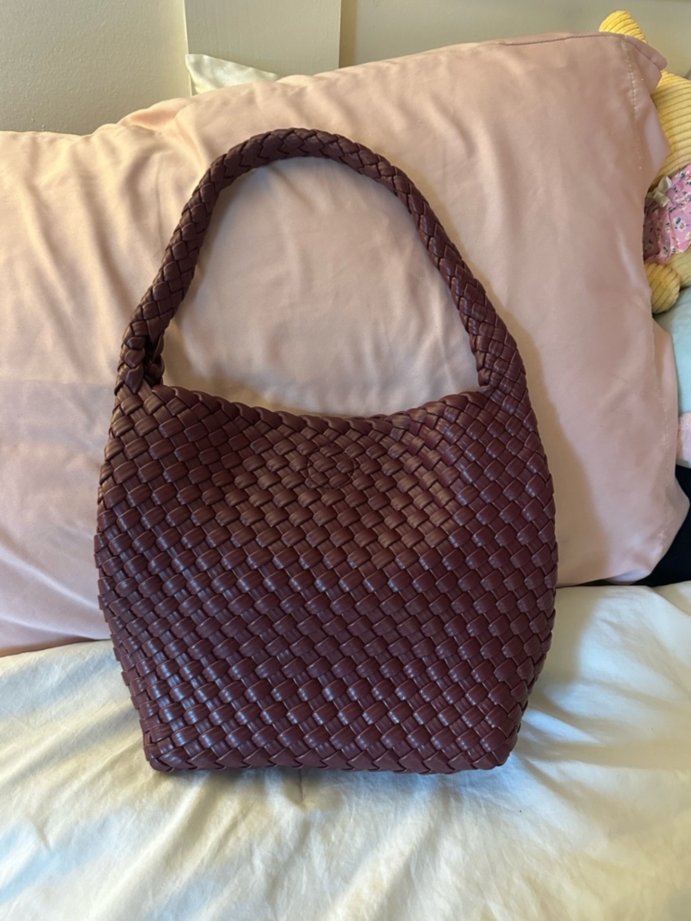 Woven Leather Shoulder Bag in Deep Brown